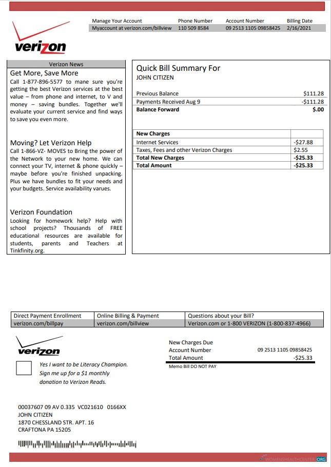 download download USA Verizon utility bill template in Word and PDF format PDF template PDF template